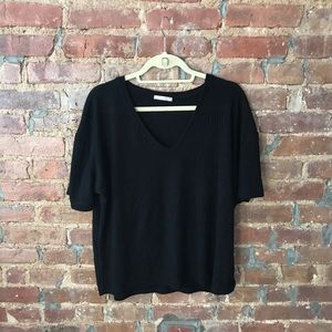 Zara Black V-Neck Ribbed Shirt - Size Large